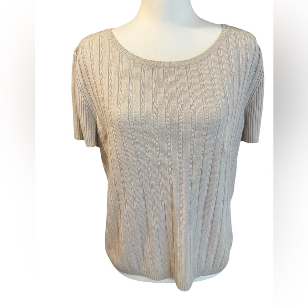 St John Sz Large Sweater shirt blouse Gray Solid Wool Short Sleeve Rib Knit